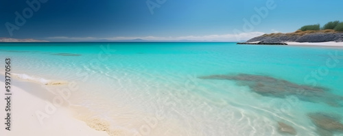 Panoramic view of a a beach of light sand. Sea and sun holiday design theme. Created with generative AI
