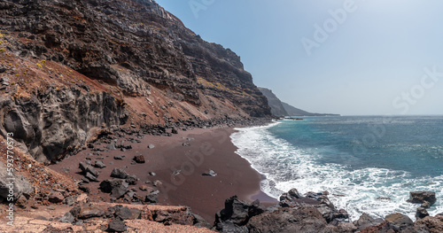 Panoramic of the Verodal beach, beautiful volcanic stones on the coast on the Island of El Hierro. Canary Islands photo