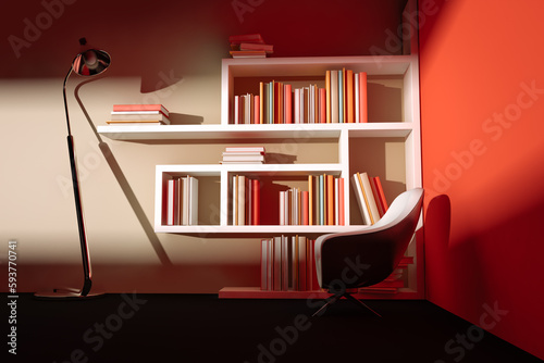 Modern bookshelf with books photo