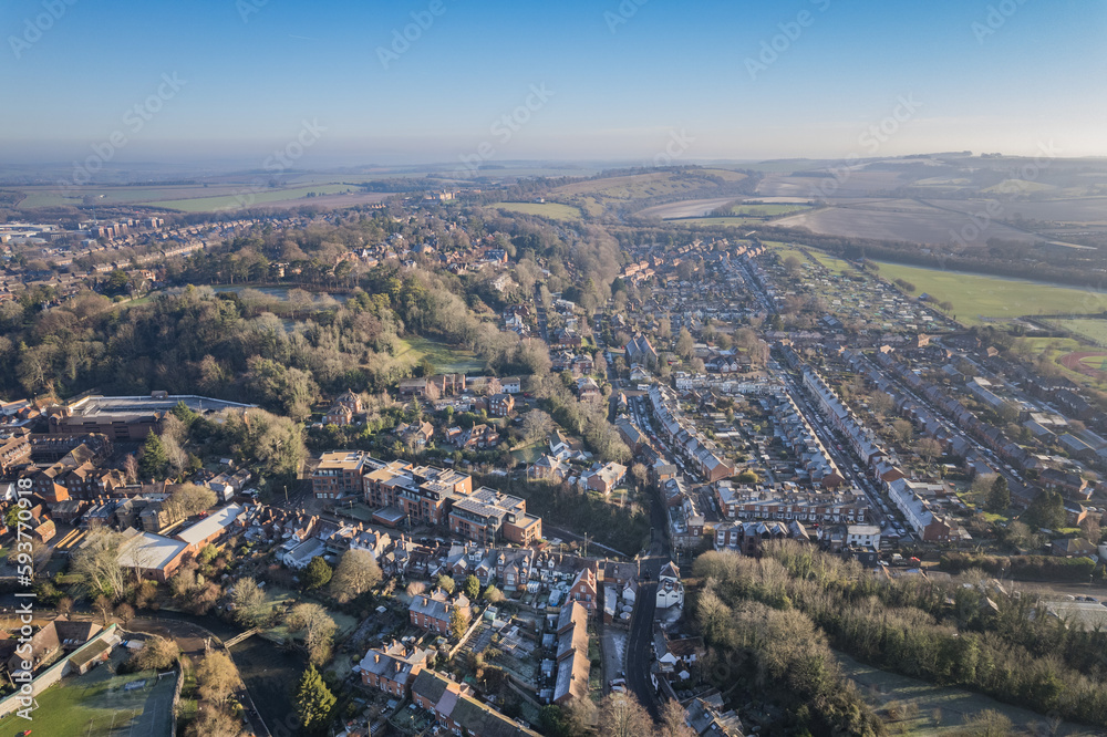 beautiful aerial view of the historical city, Winchester, Hampshire, England