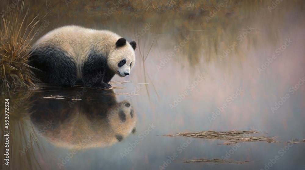 An oil painting of a panda standing beside a tranquil pond, gazing at ...