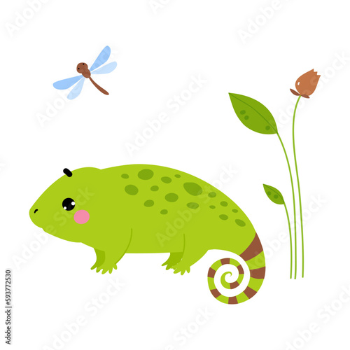 Happy Green Chameleon Character with Curled Tail Vector Illustration