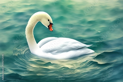 Swan on the water surface original watercolor painting. Hi-res image , photo-realistic - generative ai