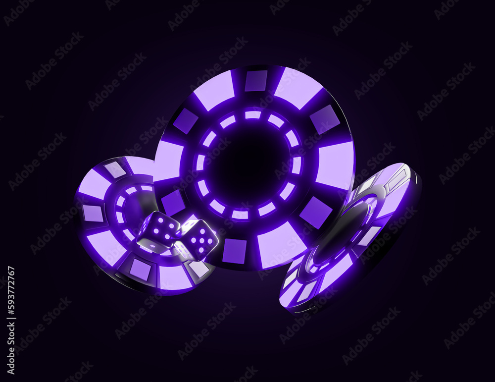 Casino chip with neon light and dark background. casino mix slot machine roulette dice set card chips. Casino Gambling Concept. 3d rendered illustration Casino chip with neon light and dark background. casino mix slot machine roulette dice set card chips. Casino Gambling Concept. 3d rendered illustration