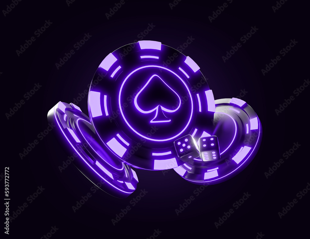 Casino chip with neon light and dark background. casino mix slot machine roulette dice set card chips. Casino Gambling Concept. 3d rendered illustration Casino chip with neon light and dark background. casino mix slot machine roulette dice set card chips. Casino Gambling Concept. 3d rendered illustration