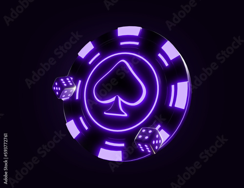 Casino chip with neon light and dark background. casino mix slot machine roulette dice set card chips. Casino Gambling Concept. 3d rendered illustration