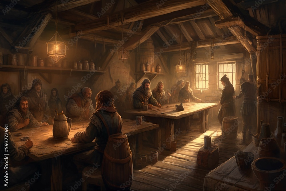 art illustration of medieval tavern. AI generative art illustration of medieval tavern. AI generative