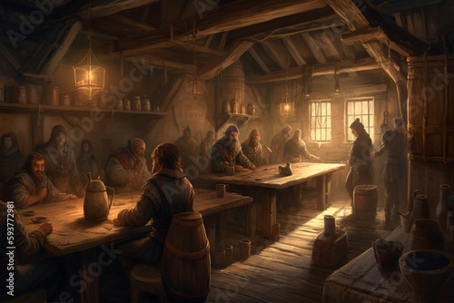 art illustration of medieval tavern. AI generative