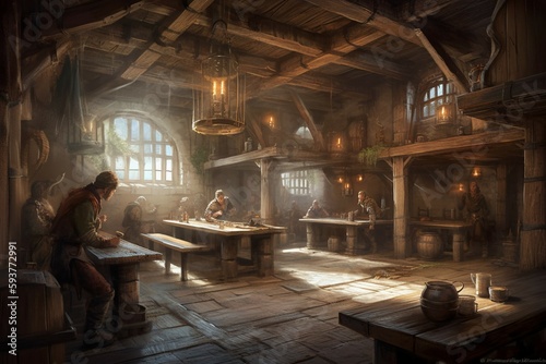 art illustration of medieval tavern. AI generative