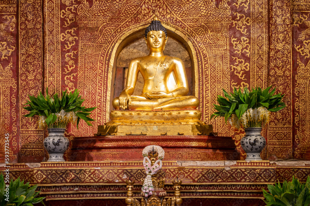 The Phra Buddha Sihing statue in the Viharn Lai Kham at Wat Phra Singh , Chiang Mai , Thailand
