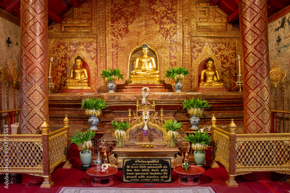 The Phra Buddha Sihing statue in the Viharn Lai Kham at Wat Phra Singh , Chiang Mai , Thailand