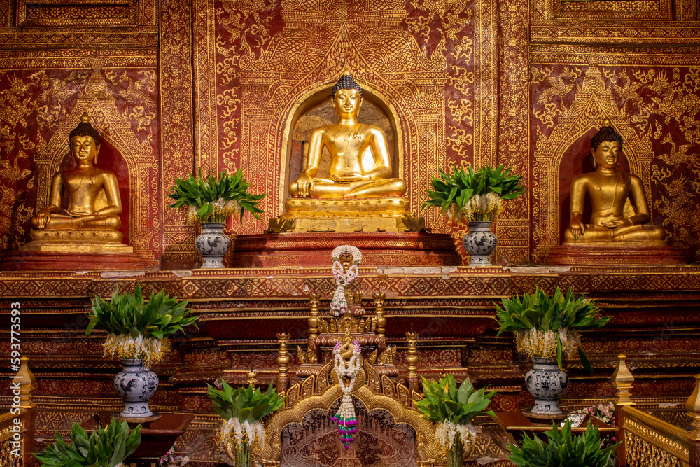 The Phra Buddha Sihing statue in the Viharn Lai Kham at Wat Phra Singh , Chiang Mai , Thailand
