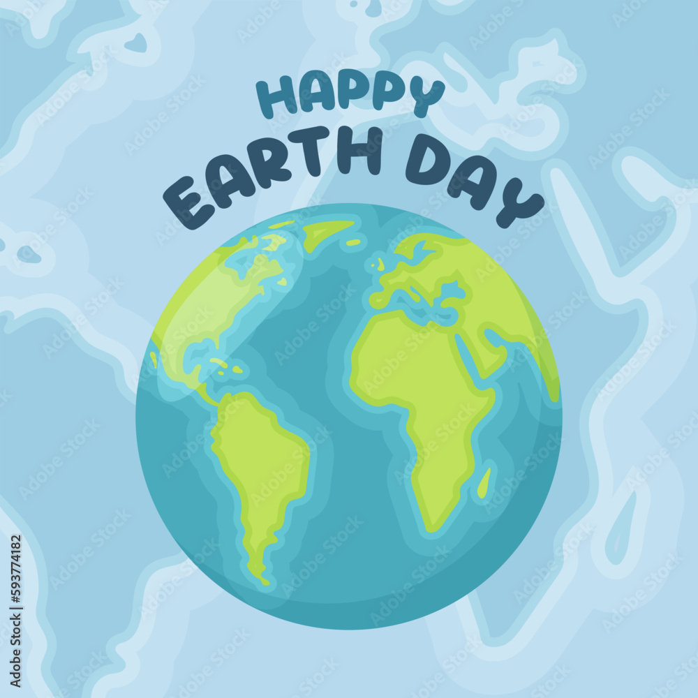 Happy Earth Day. Greeting card with Earth planet. Design for graphic and web, greeting card, poster, banner. Vector illustration in flat cartoon style.