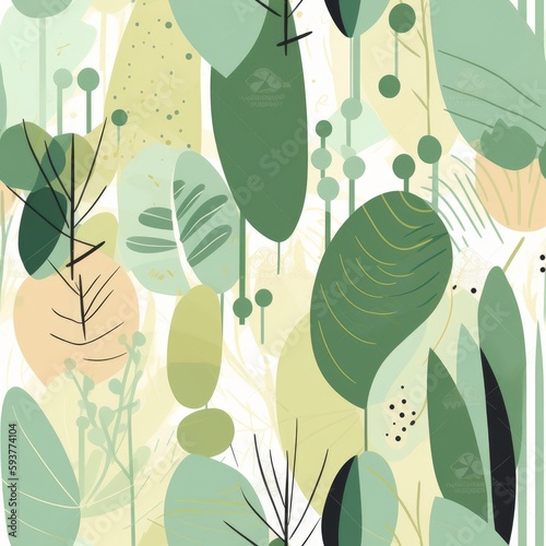 Minimalist Green Vector Pattern with Leaves and Plants