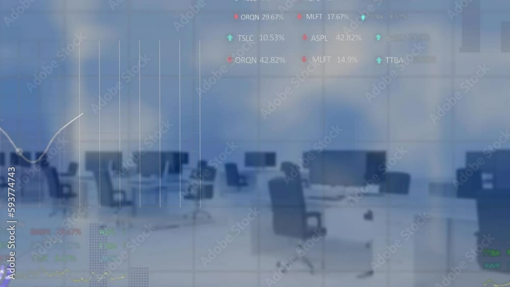 Animation of stock market data processing over grid network against empty office Animation of stock market data processing over grid network against empty office