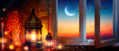 Ramadan Kareem - Arabic Lanterns And Window With Moon At Sunset - Abstract Defocused Lights - Eid Ul Fitr - Muslim Holy Month