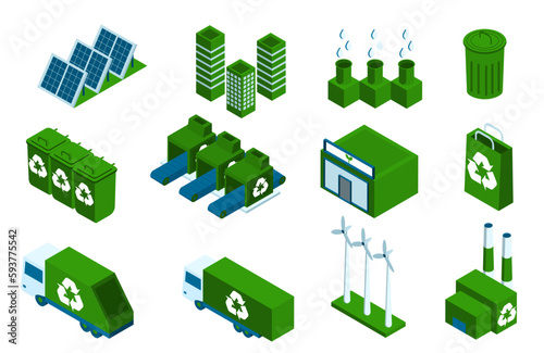 Waste recycling set. Trashcans truck, solar panels and ecological cleaner factories. Reducing emission of hazardous waste. Cartoon isometric vector illustrations isolated on white background