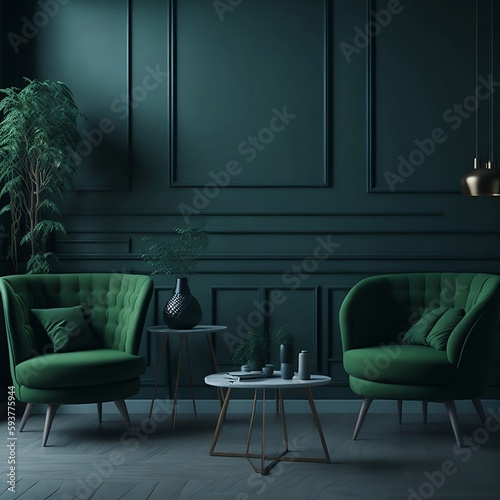 Home interior living room mock-up with green armchairs, Ai Generated © Ruben