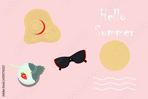 Design with wide brim hat, sunglasses and cocktail with strawberries and lettering Hello summer