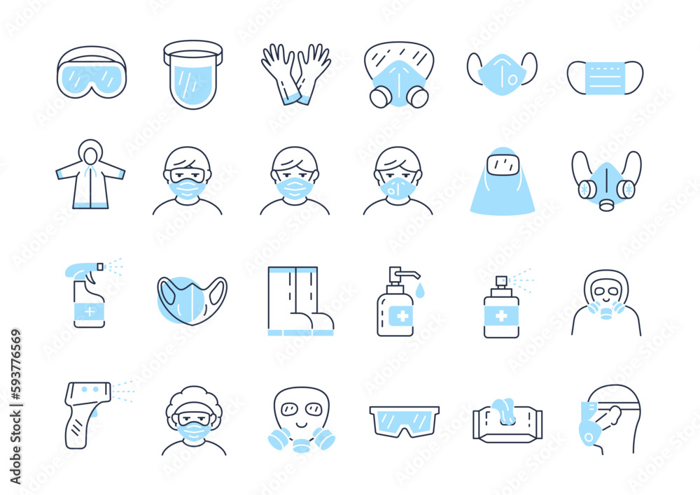 Covid19 icons outline set. Prevention and protection against coronavirus. Disinfectant sprays against viruses. Health care and treatment. Cartoon flat vector illustrations isolated on white background