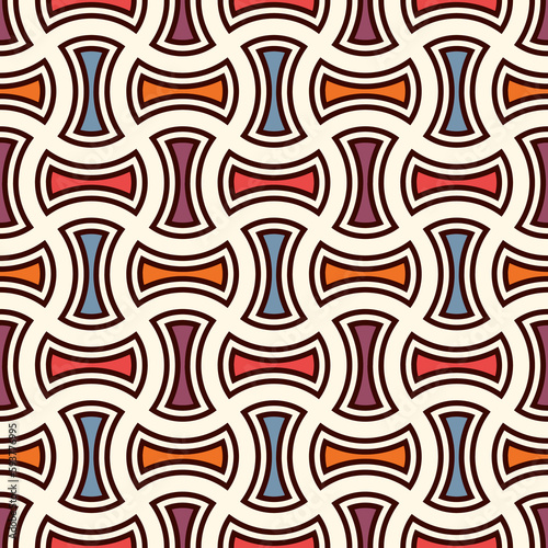 Apple core quilts texture. Bow tie motif. Seamless surface pattern design with interlocking axehead figures.
