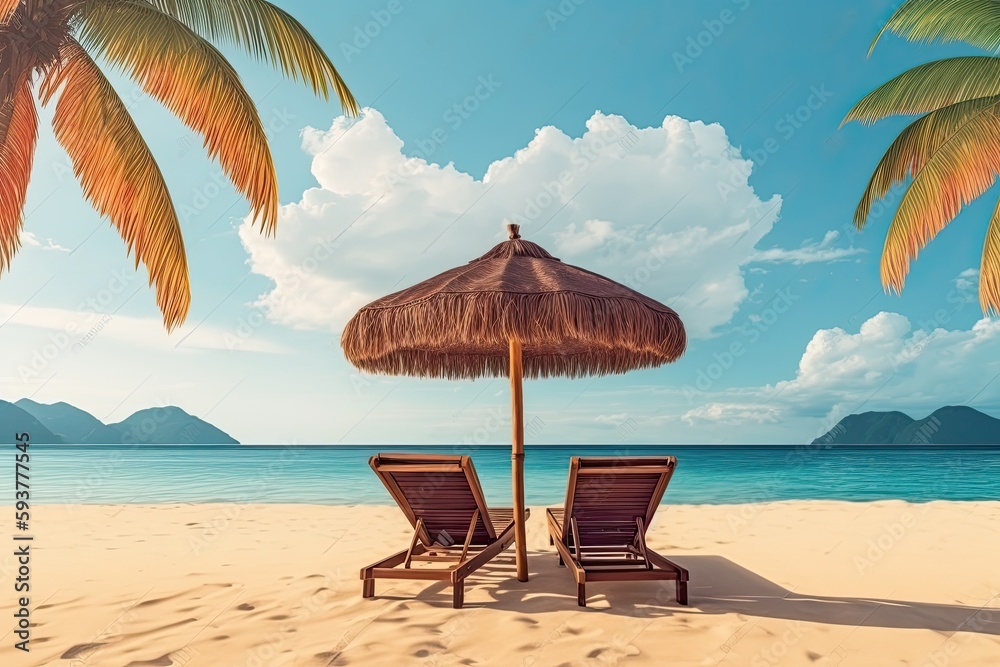 Vacation in tropical countries. Beach chairs, umbrella and palms on the beach.