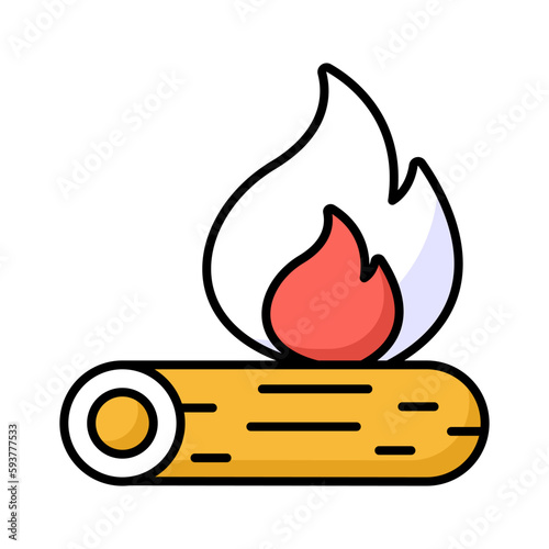 Campfire, burning bonfire, wood log with fire flame in editable design
