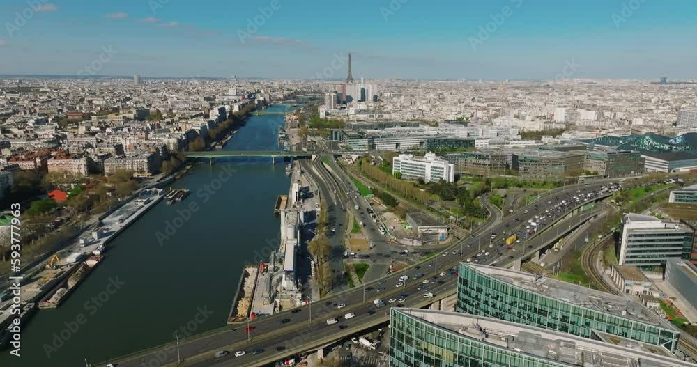 River Seine Paris, France, sunset aerial drone view, Paris France. Cinematic 4k River Seine Paris, France, sunset aerial drone view, Paris France. Cinematic 4k