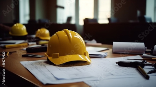 Construction team planning, Yellow safety helmet on the office desk with contract Generative AI photo