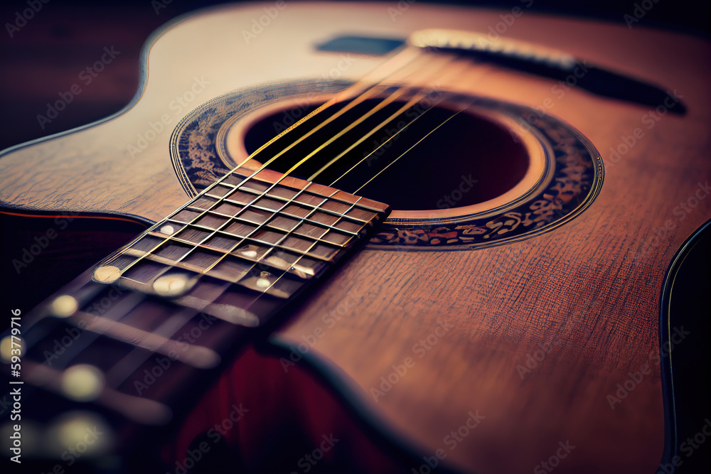 Obraz premium Glossy polished acoustic classic guitar on stand, isolated on a white background. Generative Ai