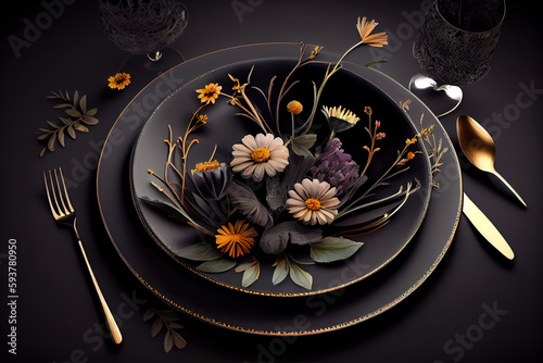 Stylish table setting at restaurant. fancy plates and tender flowers. Generative Ai