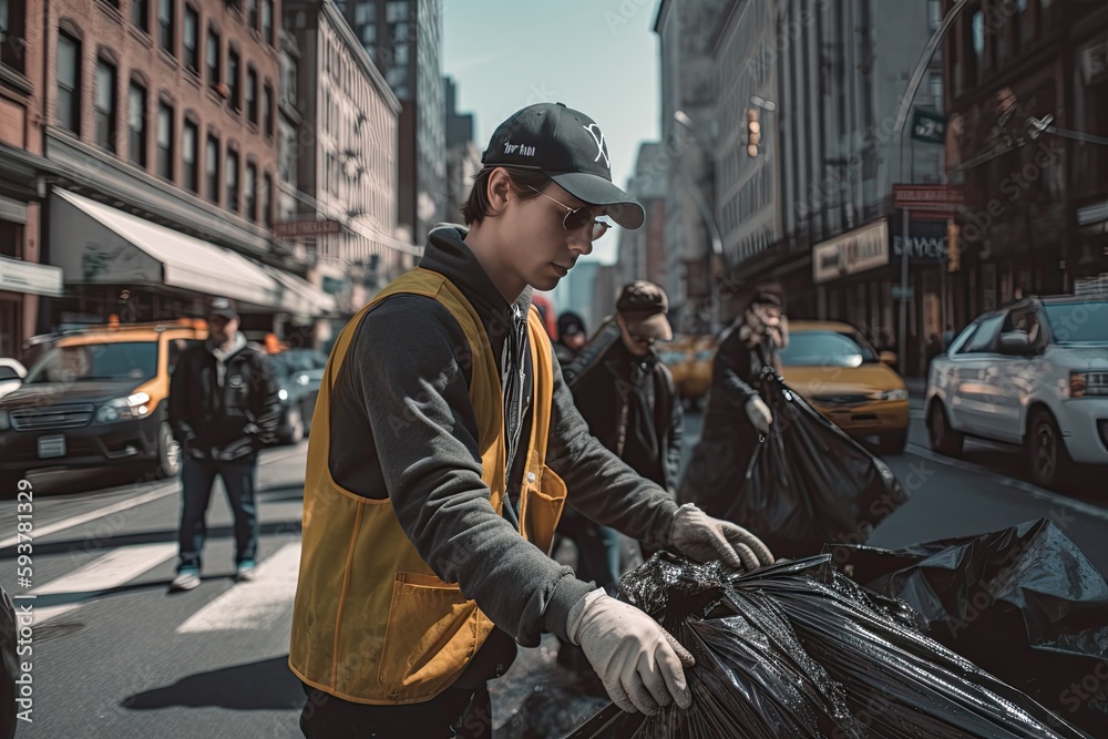 Volunteers cleaning a polluted street