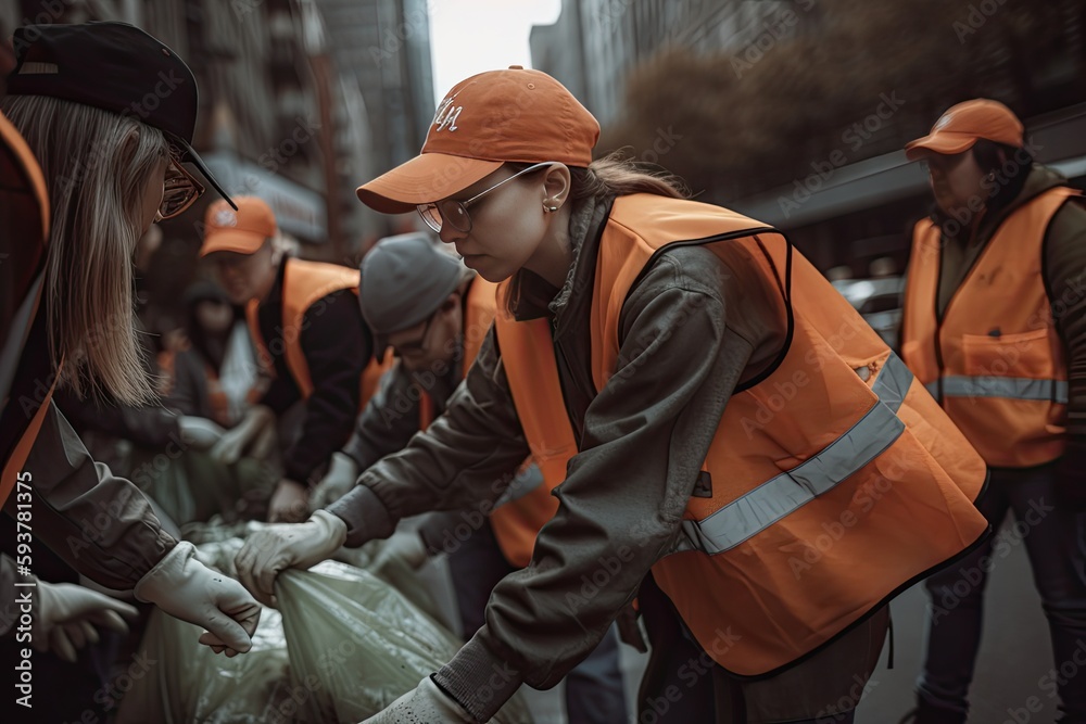 Group of volunteers cleaning up the trash and garbage in the city