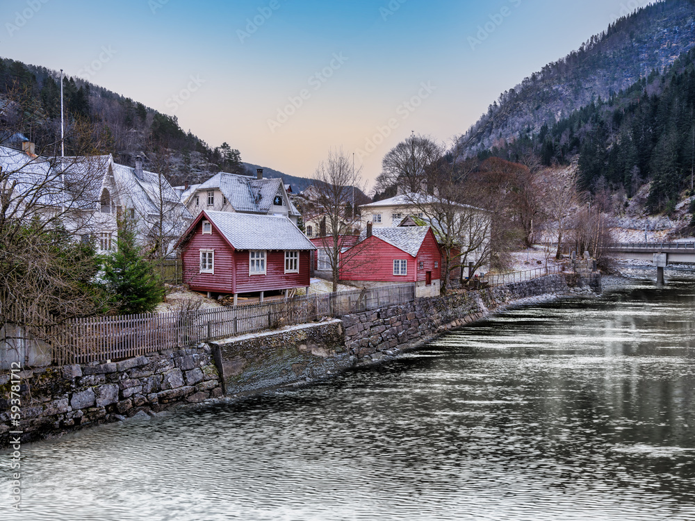 Red timber houses of Evanger, a beautiful Norwegian village in Voss, Norway