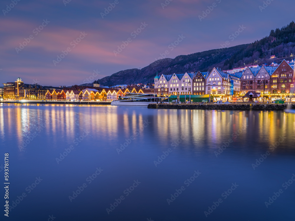 Long exposure shot of the colourful wooden buildings of Bryggen, Bergen, Norway