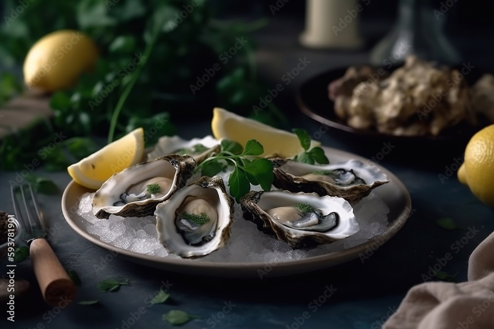 Fresh oysters on a plate with ice and lemon. Serving oysters in a restaurant. Generative AI. Fresh oysters on a plate with ice and lemon. Serving oysters in a restaurant. Generative AI.