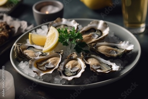 Fresh oysters on a plate with ice and lemon. Serving oysters in a restaurant. Generative AI.