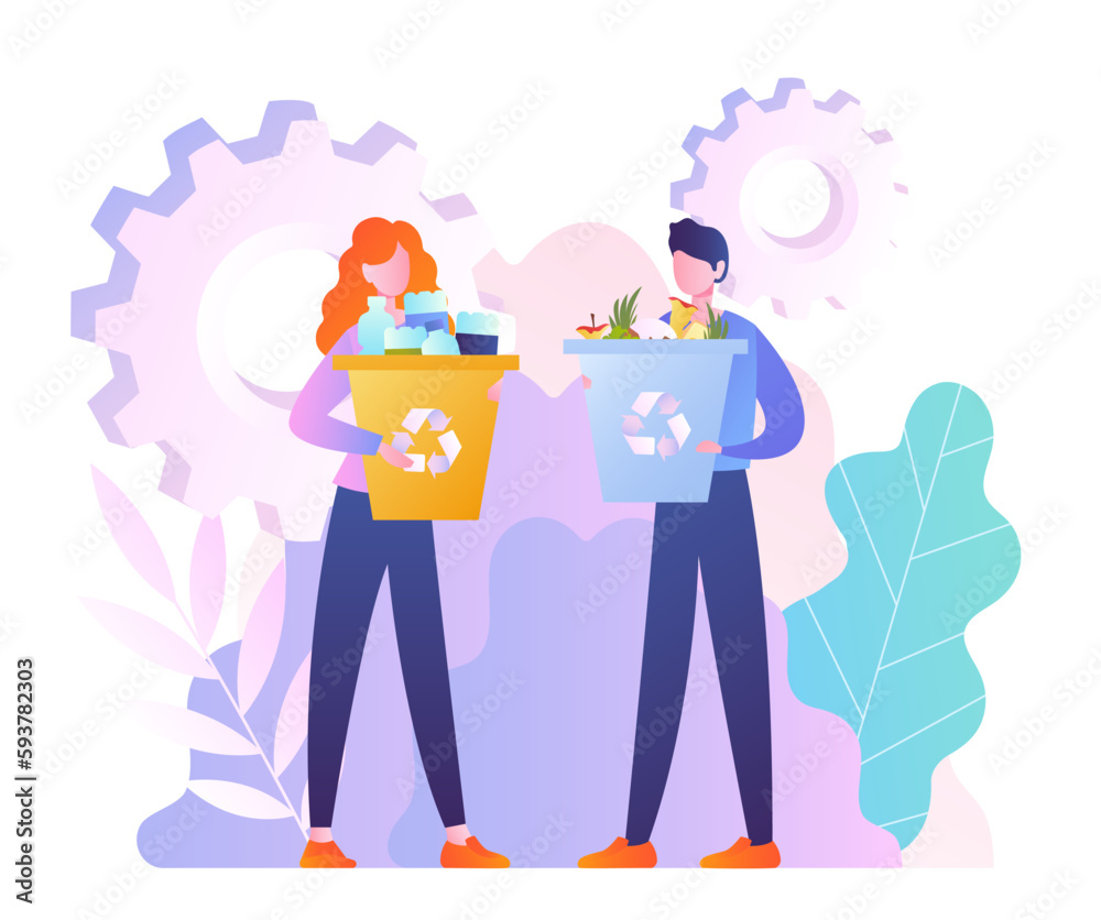 Garbage sorting concept. Man and woman with containers. Sorting and recycling, zero waste concept. Caring for ecology and environment. Volunteers and activists. Cartoon flat vector illustration