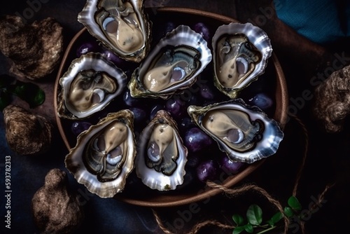 Freshly opened oysters, ready to serve. Generative AI.