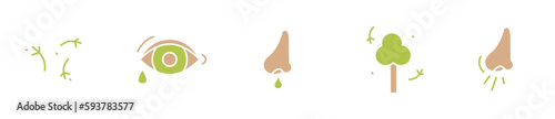 Hay fever modern icon set, pollen allergy concept, allergic rhinitis vector icons, nose itching emblems, plant seeds symbols isolated on white background