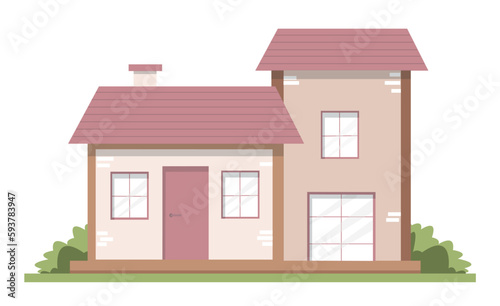 House with red roof concept. Real estate and private property. Modern urban architecture, exterior and facade. Residental cottage. Cartoon flat vector illustration isolated on white background © Rudzhan