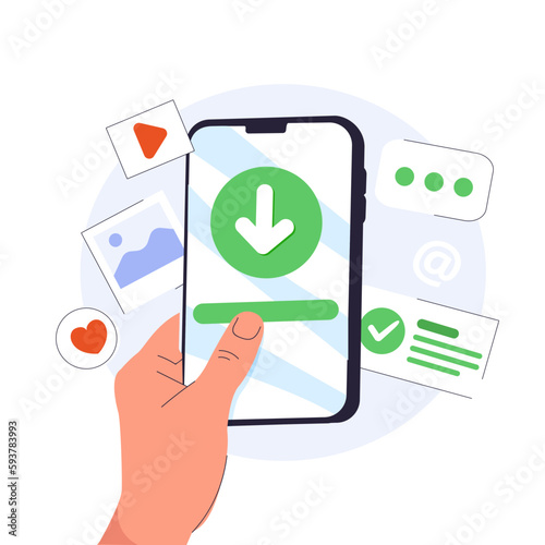Cartoon mobile phone in hand with download data to cloud computing concept for file sharing and data transfer system.
