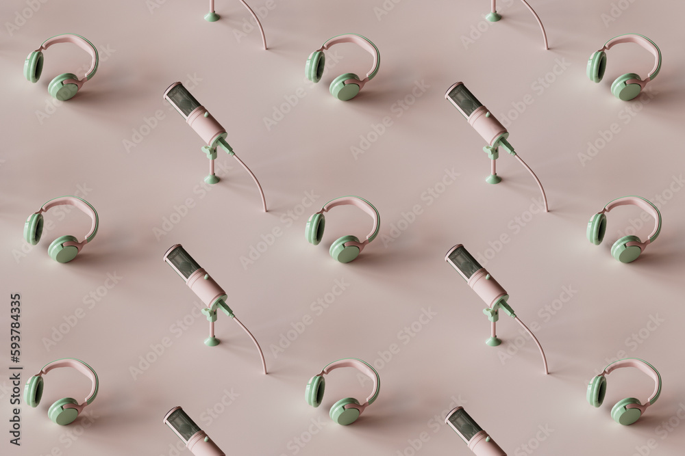 3d render of many microphones and headsets 3d render of many microphones and headsets