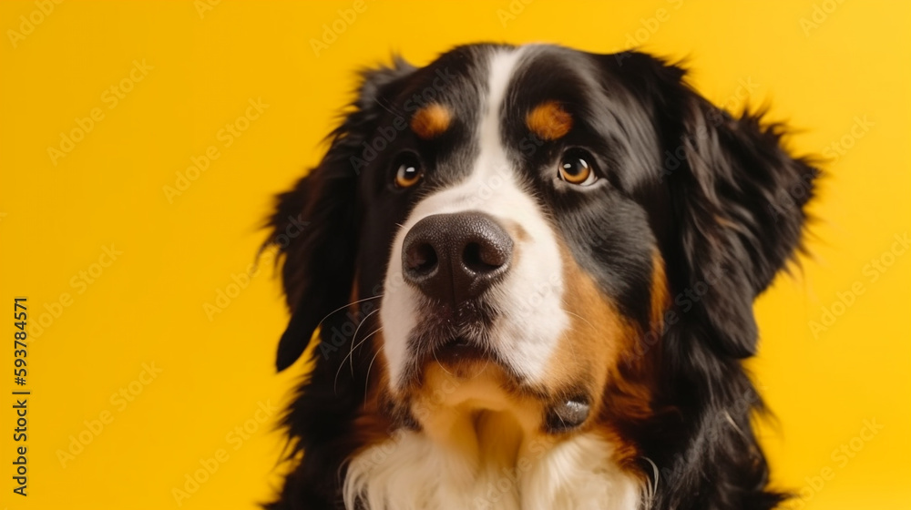 dog , Funny Bernese mountain dog on yellow background