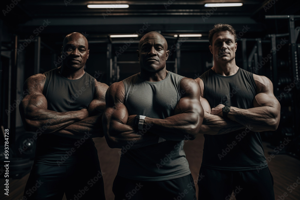 Advertising shot of a extreme bodybuilders in the gym. Concept extreme gym. Generative AI Advertising shot of a extreme bodybuilders in the gym. Concept extreme gym. Generative AI