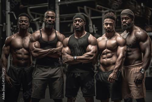 Advertising shot of a extreme bodybuilders in the gym. Concept extreme gym. Generative AI