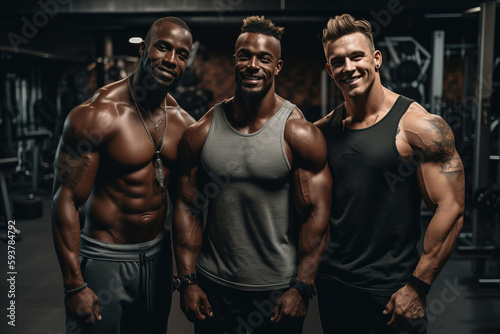 Advertising portrait shot of a team extreme bodybuilders workout standing together in a gym and smiling at the camera. Generative Ai
