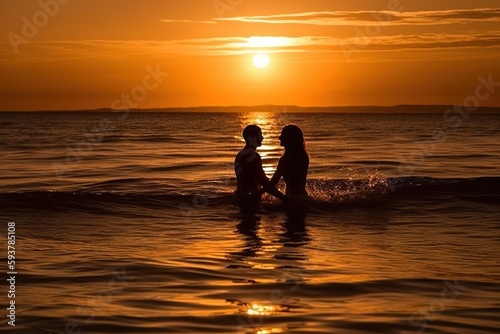 A romantic couple enjoying a swim at sunset. The focus of the image would be on the couple's silhouettes in the water, with the sun setting in the background. Generative AI © bluebeat76