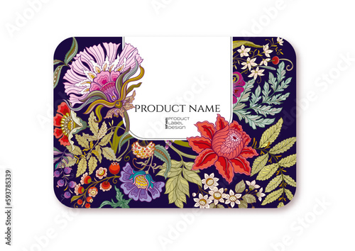 Fantasy flowers in retro, vintage, jacobean embroidery style. Template for plastic debit or credit, pass, discount, membership card Vector illustration.
