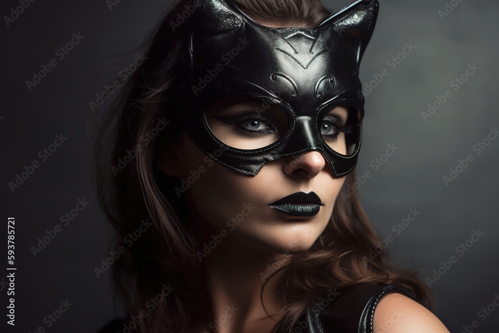 Portrait of sexy glamour woman in a black leather cat mask. Generative AI